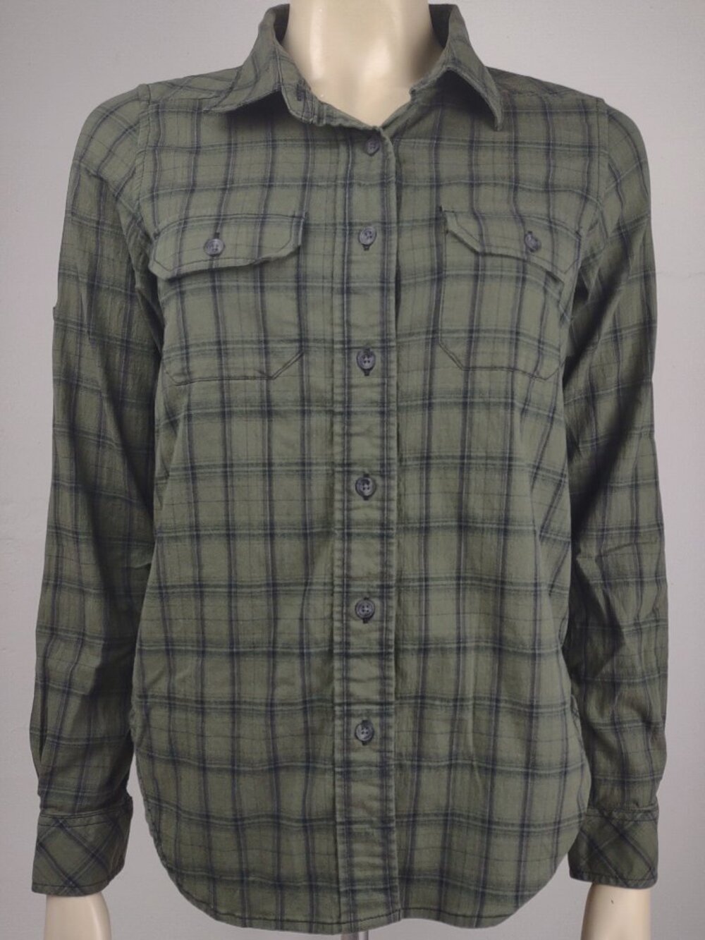 Kavu green black plaid cotton blend flannel button front shirt ladies XS X-Small